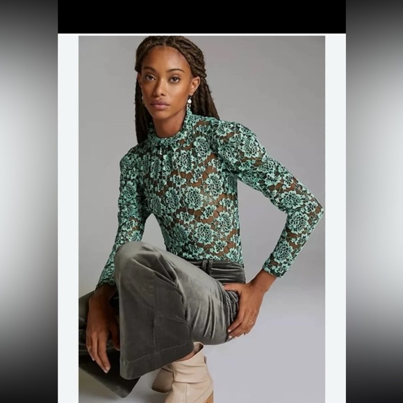 Anthropologie Tops - NWT Anthropologie Dolan Left Coast Green Sheer Lace Mock Neck Long Sleeve Top XS